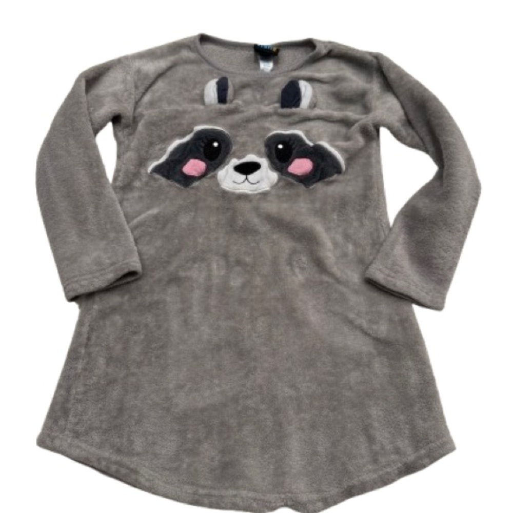 Jelli Fish Kids girls' plush fleece nightgown with a raccoon face design M 7/8